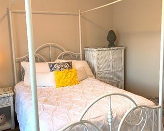 White metal canopy queen bed and linen (mattress not for sale)