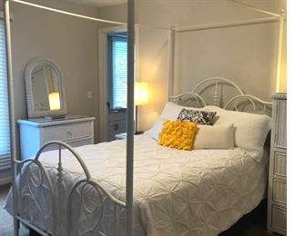 White metal canopy queen bed and linen (mattress not for sale)