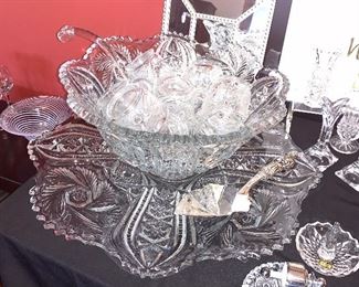 Stunning cut glass Vtg. punch bowl w/ladle, 12 glasses and beautiful large platter 