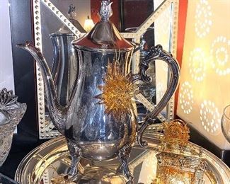 Danbury Mint 24K gold Christmas ornaments & Tea pot and tray
