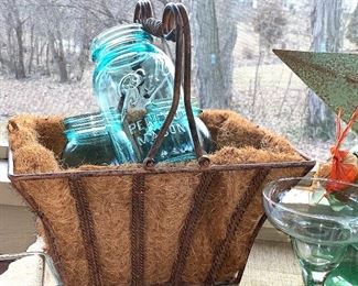 3 of 17 Vtg. blue Ball jars & 1 of 2 matching wrought iron flower baskets w/lining