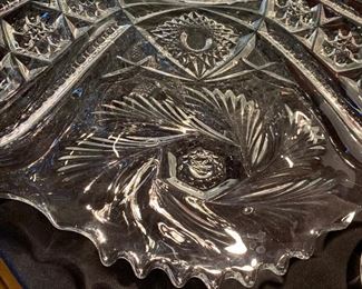 Stunning cut glass Vtg. punch bowl w/ladle, 12 glasses and beautiful large platter 