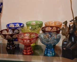 Slovakian colored crystal wine glasses, sherbet glasses and champagne glasses.