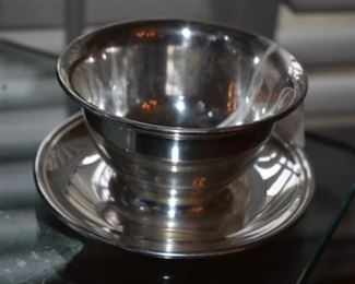Sterling silver sauce bowl with attached saucer