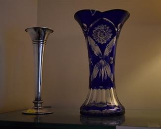 Cobalt and clear crystal vase and silver plate bud vase