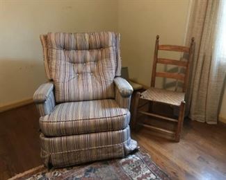Striped rocker recliner and nice wood/ cane chair 