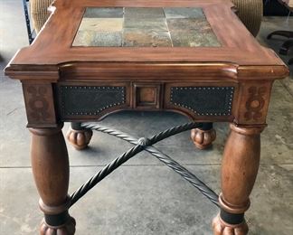 Heavy wood and slate chair side table