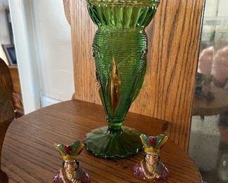 Early green glass vase. $12 Two Old chalk Indians $5