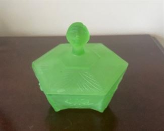 Art Deco green satin powder jar marked "Ramses". Has 2 corners with tiny chips. - $65 (see additional photo)