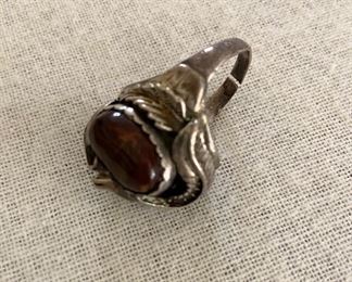 Vintage sterling men's Biker ring, amber stone & spanish coin with ornate flower's and leaves. - $200