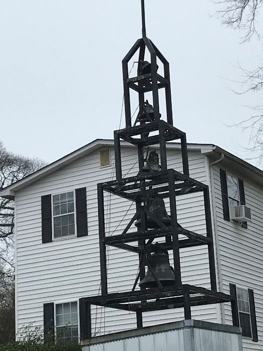 The bell list will be largest on the bottom to the smallest on top!! 1. Largest bell 36"w X 40" h has angels on it by G.W. Coffin and Co. Cinncinatti, OH 2. 36" W x 35" H American Bell Foundry Northville, MI USA 3. 22" W x 22" H No. 22 Yoke 4. 20" H x 191/2" W no name on it 5. 18" W x 17" H The C.S. Bell Co. Hillsboro, OH