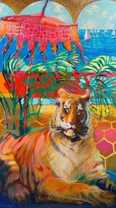 Lot 15. Doris Turner (American, 20thc.) Tiger on Balcony with Indian Umbrella, oil on canvas, signed lower left, framed. 60 x 35 in. canvas size.  Condition: Some accretions and external paint drips. Estimated $500-$800