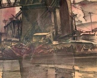 Lot 129. Frank Nelson Wilcox (American, Cleveland School 1887-1964) Bridge Over the Cuyahoga River, c.1910-12, charcoal and colored wash on paper, signed lower right, matted and framed. 19 x 13 in. image size 27 x 21 in. as framed. Estimated $600-$1,000