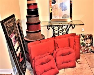 HAT BOXES, WINE RACK TABLE, CUSHIONS FOR OUTDOOR FURNITURE, FRAMED ART