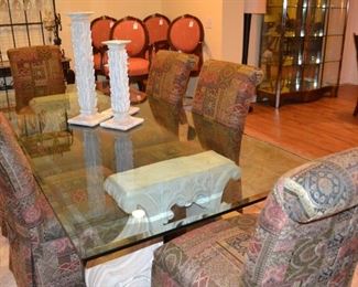 LARGE 42" X 96" GLASS TOP TABLE, 6 SKIRTED PARSONS CHAIRS