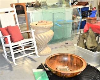 VARIOUS SHAPES AND SIZES OF GLASS TABLE TOPS, LARGE TABLE BASE, METAL PALM WALL HANGINGS,  CRACKER BARREL WOOD ROCKER