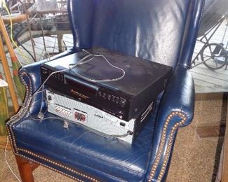 blue leather chair & couple of electronics