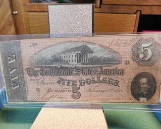 Lot 2. 1864 Confederate 5 Dollar Bill