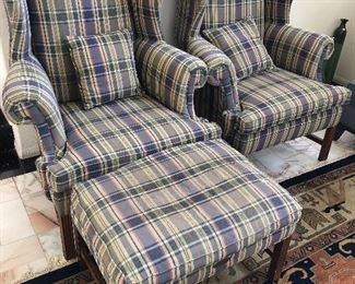 2 Wing back chairs - plaid - preppy