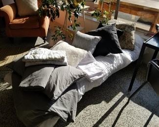 bedding, queen duvet, pillows, cushions, fabric remnants, linens