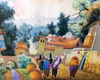 Signed South American Watercolor Street Scene
