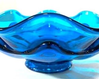 Aqua Toned Frilled Rim Art Glass Bowl
