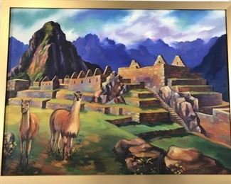 Signed Framed Art Scene at Machu Picchu, Acrylic
