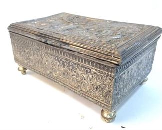 Vintage Repousse Silver Toned Footed Trinket Box
