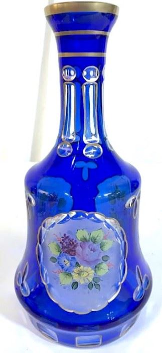 Blue Toned Floral Detailed Bohemian Glass Decanter
