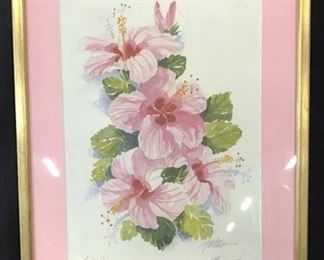 Signed Framed Botanical Watercolor, ‘Pink Spray’
