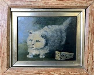Vintage Framed Cat Oil On Canvas
