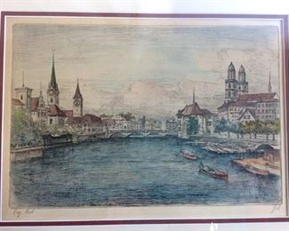 Signed Gitz, Framed Ink & Watercolor Europe River
