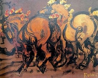 Vintage Signed Framed Oil On Canvas Of Horses
