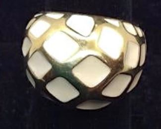 Enameled Gold Tone & Cream Reticulated Ring
