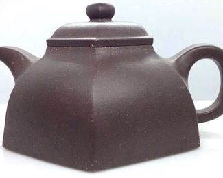Signed Asian Geometric Stoneware Teapot
