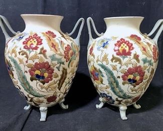 Pair Footed Porcelain Vases W Handles
