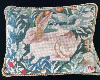 Vintage Petit Point Rabbit Needlework Decor Pillow
