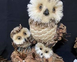 Set 3 Twig Owl Sculptures, Mixed Media
