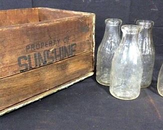 Vintage SUNSHINE Dairy Crate & Milk Bottles
