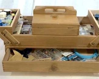 Vintage Compartmented Wood Sewing Box w Access
