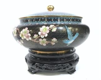 Cloisonné Covered Bowl On Carved Wooden Stand
