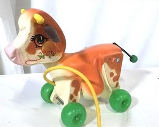 1972 Fisher Price Cow Figural Pull Toy, Animated
