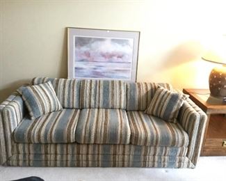 80" Long Couch Blue-Creme-Tan