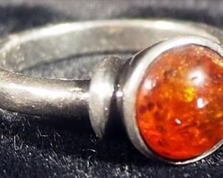 Sterling Silver Ring, Size 7-1/4 With An Amber Colored Stone