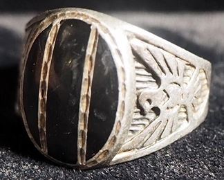 Sterling Silver Ring, Size 12, With Black Stone And Eagles On Band
