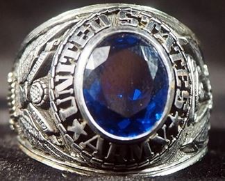 US Army Ring, Size 11-1/4, With Blue Stone, Dated 1975
