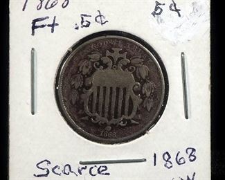 1865 Union Shield 2 Cent Coin And 1868 Shield Nickel 5 Cent Coin