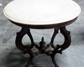 Marble Top Table, With Serpentine Shaped Legs On Wheels, Loose Finial, 29" High x 26" Wide x 19.5" Deep