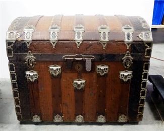 Antique Camelback Trunk With Metal Accents And Locks, 25.5" High x 32.25" Wide x 20" Deep