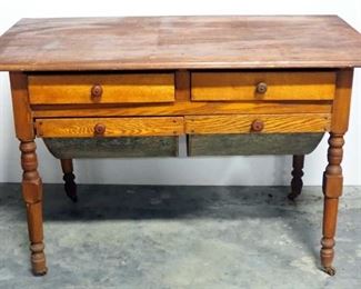 Antique Baker's Table With 2 Drawers And 2 Pull-Out Flour Bin Drawers, On Wheels, 30" High x 48" Wide x 28" Deep